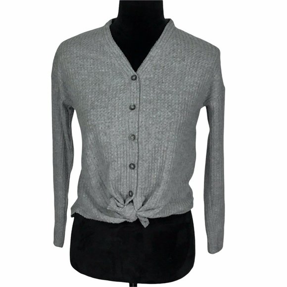 Walking on Sunshine Womens Cardigan Sweater Waffle Knit Tie Button Front Gray M - Picture 1 of 3